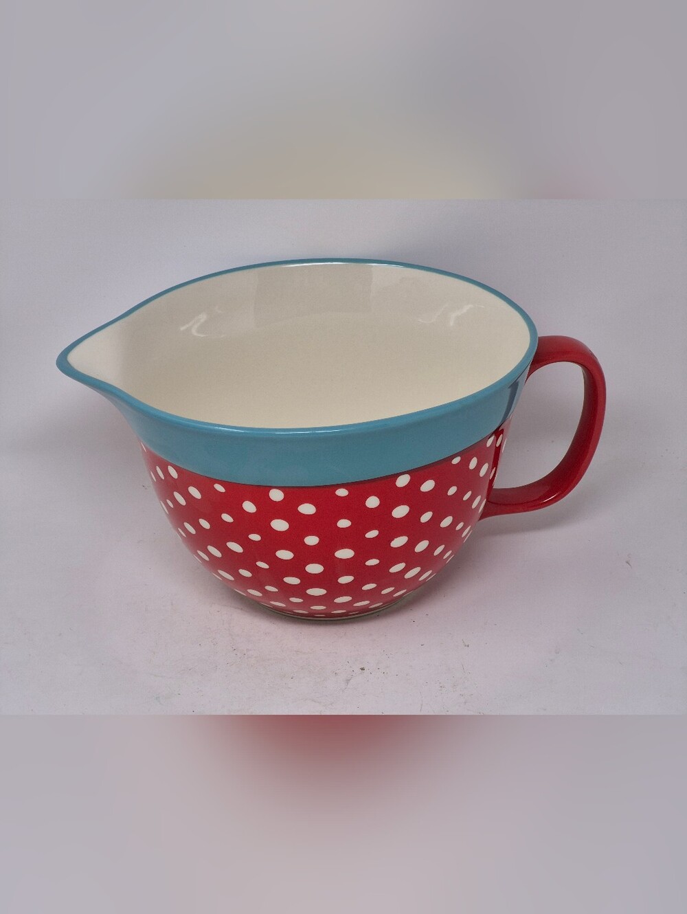 Pioneer Woman Batter Mixing Bowl Teal Rim Red With White Polka Dots